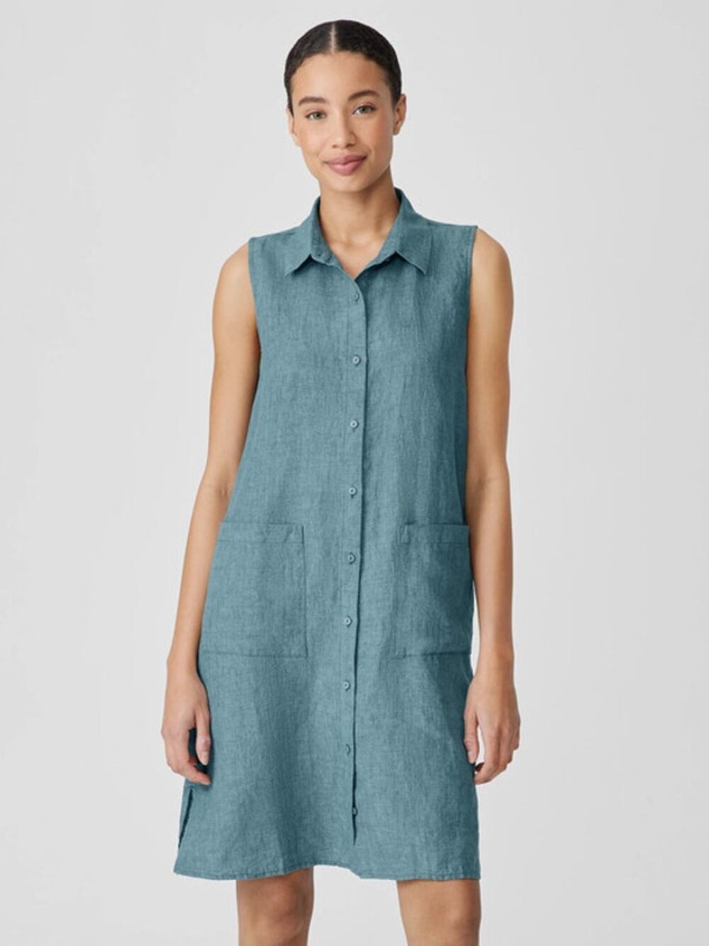 Eileen Fisher Dress S Washed Organic Linen Délavé Sleeveless Shirtdress Sundress